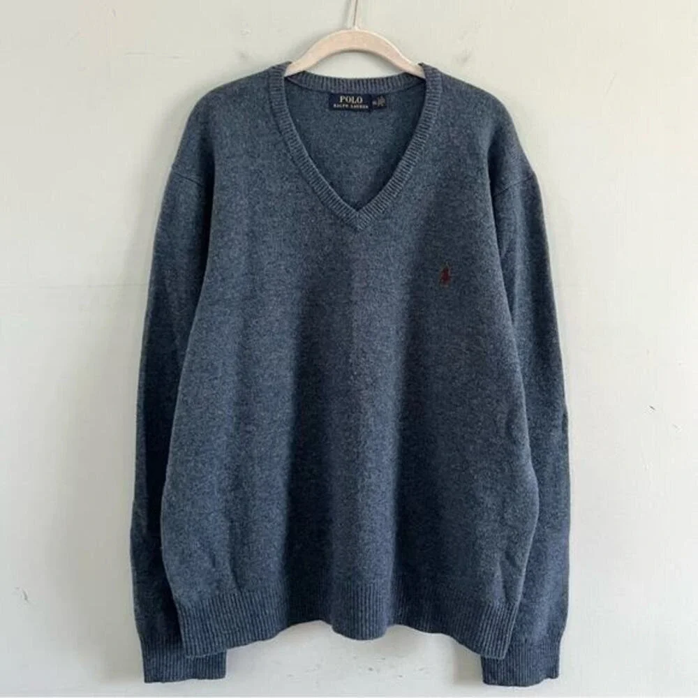 Polo Ralph Lauren Lambs Wool V Neck Blue‎ Knit Pullover Mens Sweater